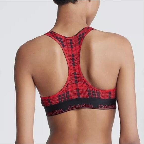 Calvin Klein Bralette Womens Medium Red Black Tartan Plaid Unlined Modern Cotton - Picture 3 of 9